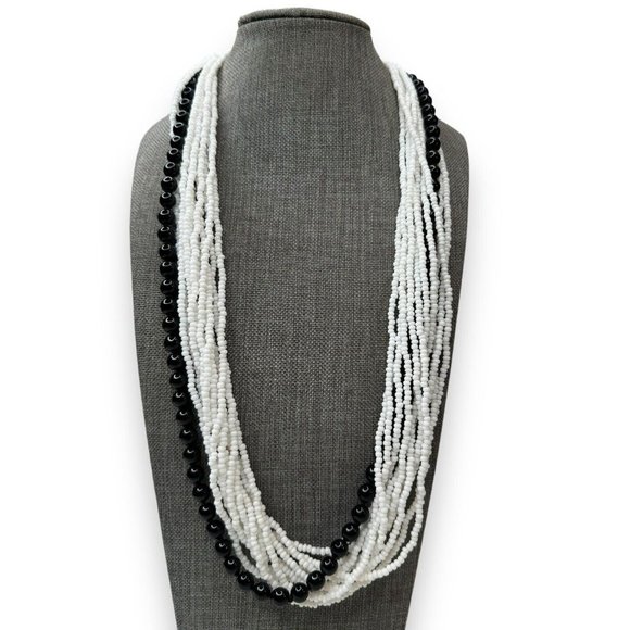 Vintage Bohemian Glass Black And White Multi Strand Necklace 25” Spring Ring - Picture 1 of 6